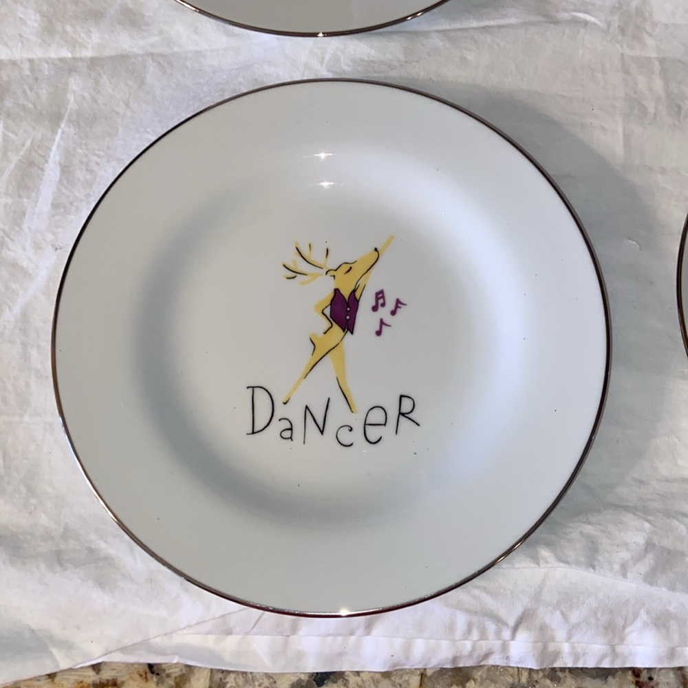 Pottery Barn Reindeer Dessert Plates set of 4 Dasher Dancer Prancer Vixen - Picture 2 of 8
